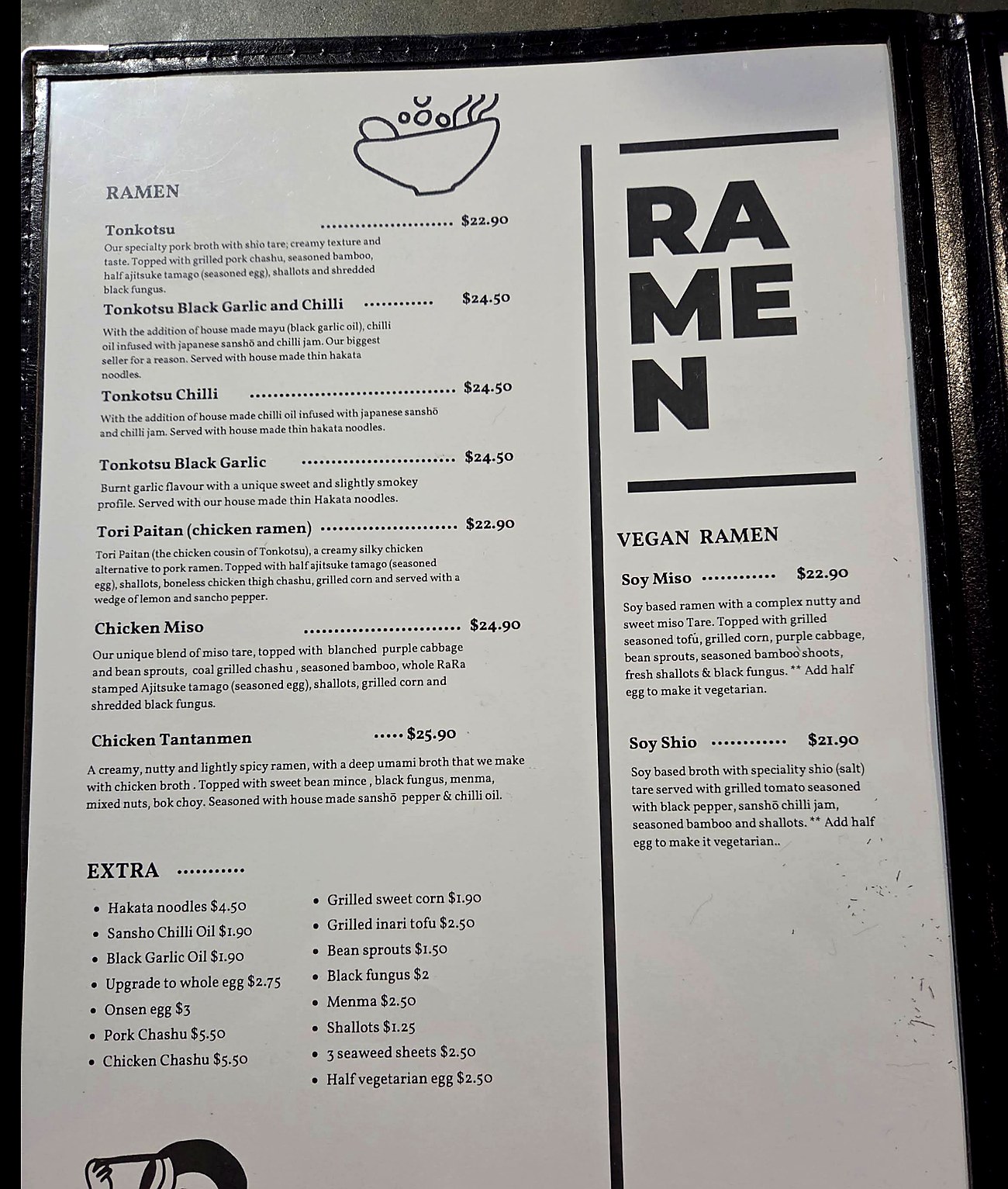 Printed menu crop from provided RaRa screenshot